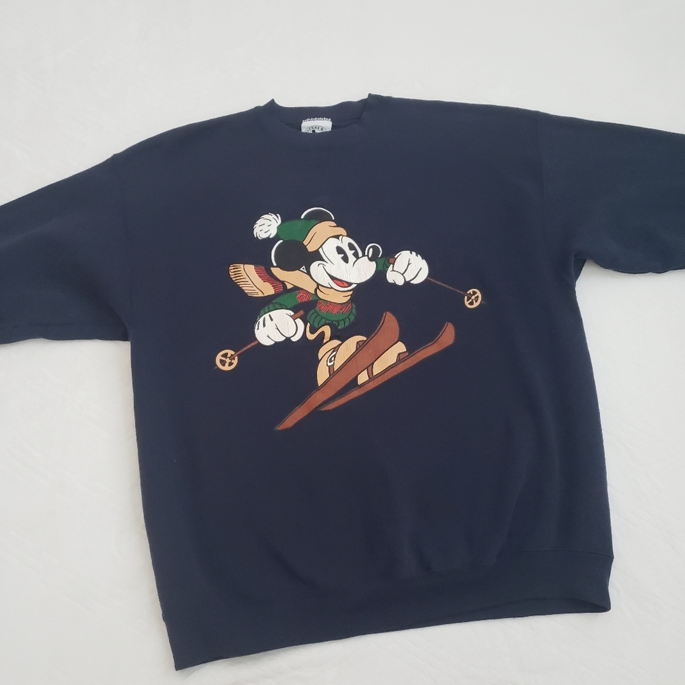 Vintage 90s Disney Mickey Mouse Skiing Navy Blue Crewneck